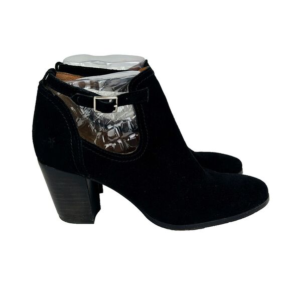 Frye Meghan Ankle Boots Black Suede Booties Cutout Strap w/ Buckle Heeled sz 9 - Picture 1 of 12